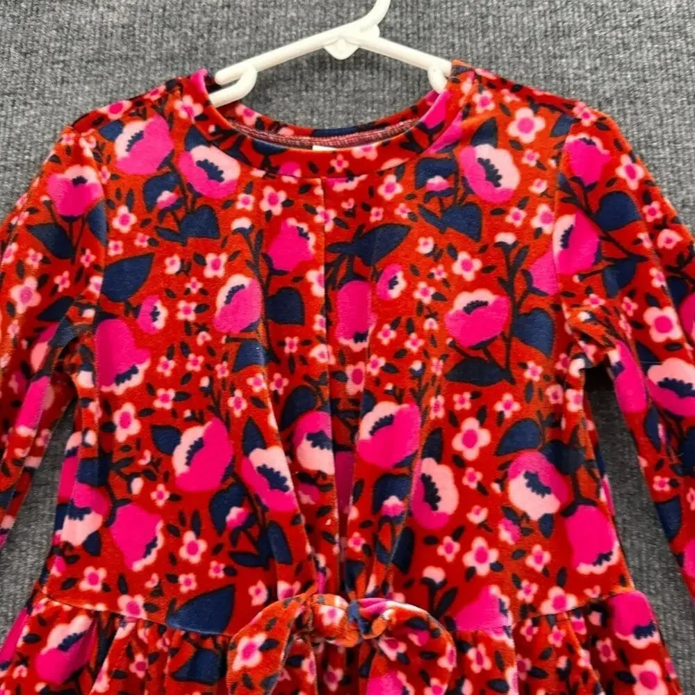 Cat & jack Girls Floral Velour Dress Size 5T Burnt Orange Pink Bow Pockets
